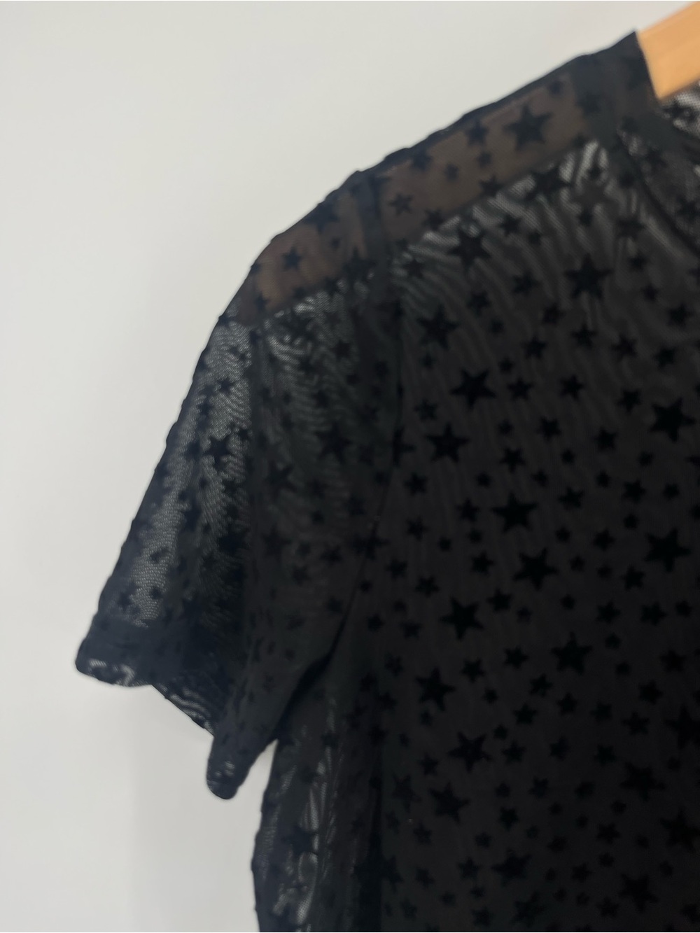 Noisy May Sheer Star Mesh Top XS Black Flocked Stars See Through Layering Tee - Picture 7 of 7